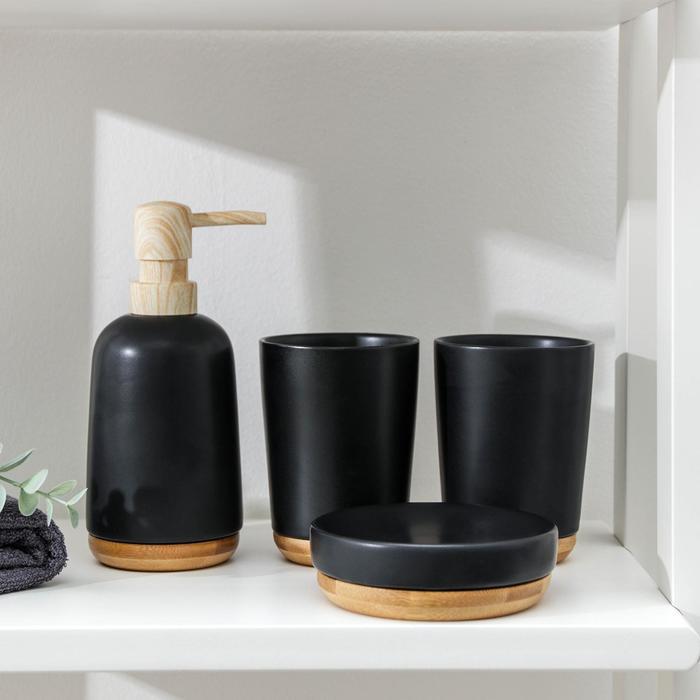 Набор аксессуаров для ванной комнаты «Эко», 4 предмета (мыльница, дозатор для мыла, 2 стакана), цвет чёрный - фото 1 - id-p199322868