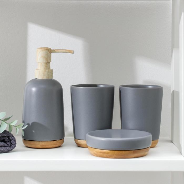Набор аксессуаров для ванной комнаты «Эко», 4 предмета (мыльница, дозатор для мыла, 2 стакана), цвет серый - фото 1 - id-p199322870
