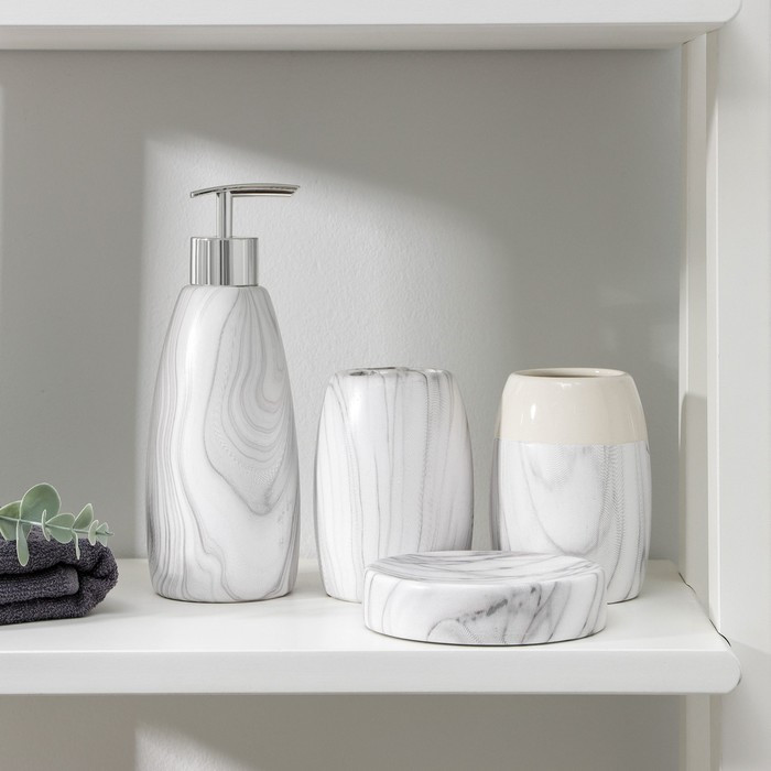 Набор аксессуаров для ванной комнаты «Мрамор», 4 предмета (дозатор 400 мл, мыльница, 2 стакана), цвет белый - фото 1 - id-p199322906