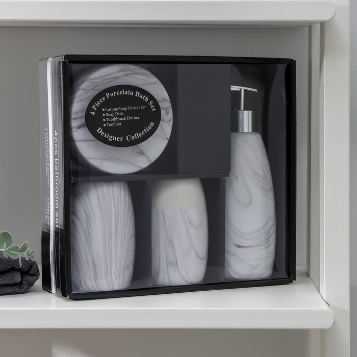 Набор аксессуаров для ванной комнаты «Мрамор», 4 предмета (дозатор 400 мл, мыльница, 2 стакана), цвет белый - фото 4 - id-p199322906
