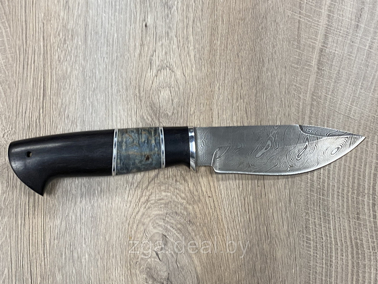Охотничий кованый нож из дамасской стали «Кабан», рукоять венге, карельская берёза, алюминий.