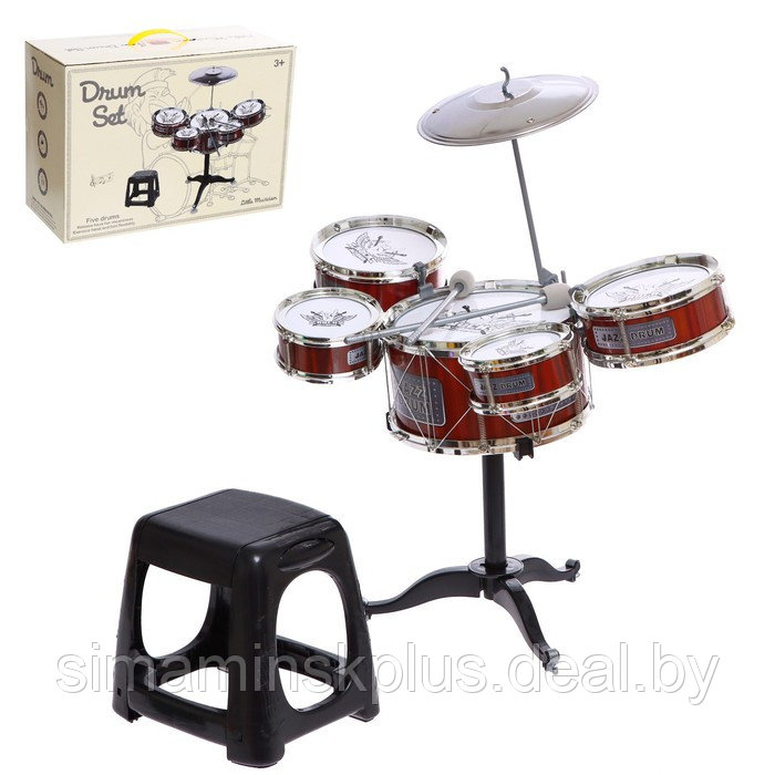 Барабанная установка «Рок», 5 барабанов, тарелка, палочки, стульчик