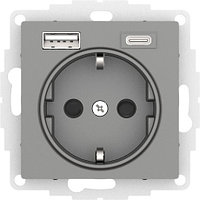 Розетка 16А c 2 USB A+C, 5В/2,4А/3,0А, 2х5В/1,5А, цвет Сталь (Schneider Electric ATLAS DESIGN)