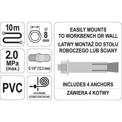 Шланг PVC пневматический d8.0ммх10м 2.0MPa с наружной резьбой 1/4" на автоматической катушке "Yato" YT-24242 - фото 2 - id-p199377288