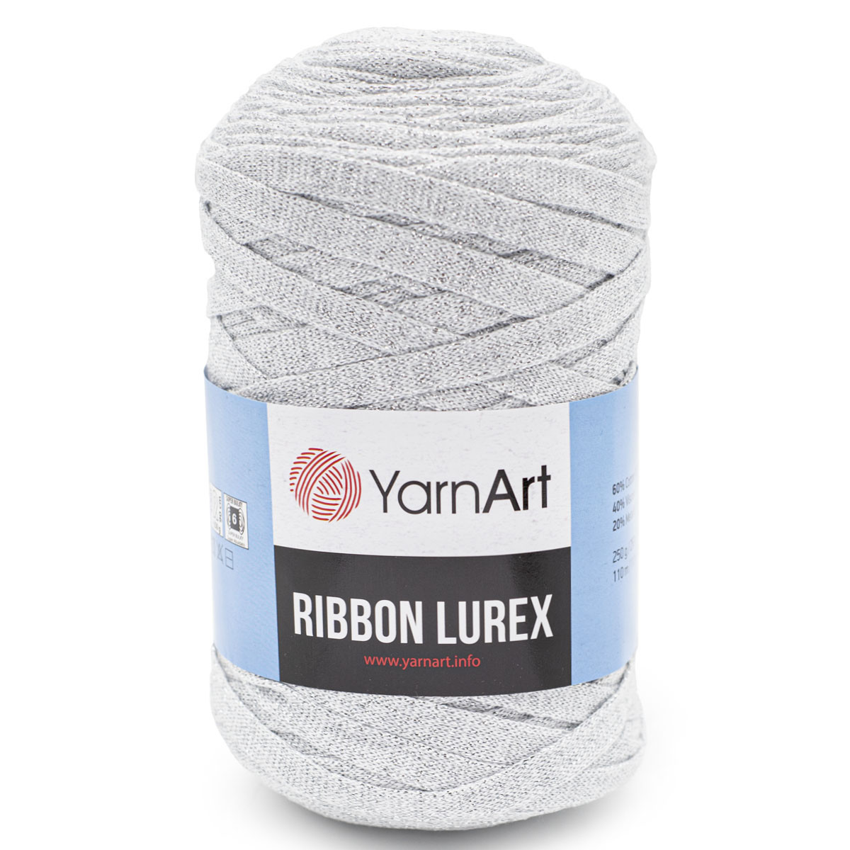 Пряжа YarnArt 'Ribbon Lurex' 250гр 110м (60% хлопок, 20% вискоза, полиэстер, 20% металлик) (720 серебро) - фото 1 - id-p199378227