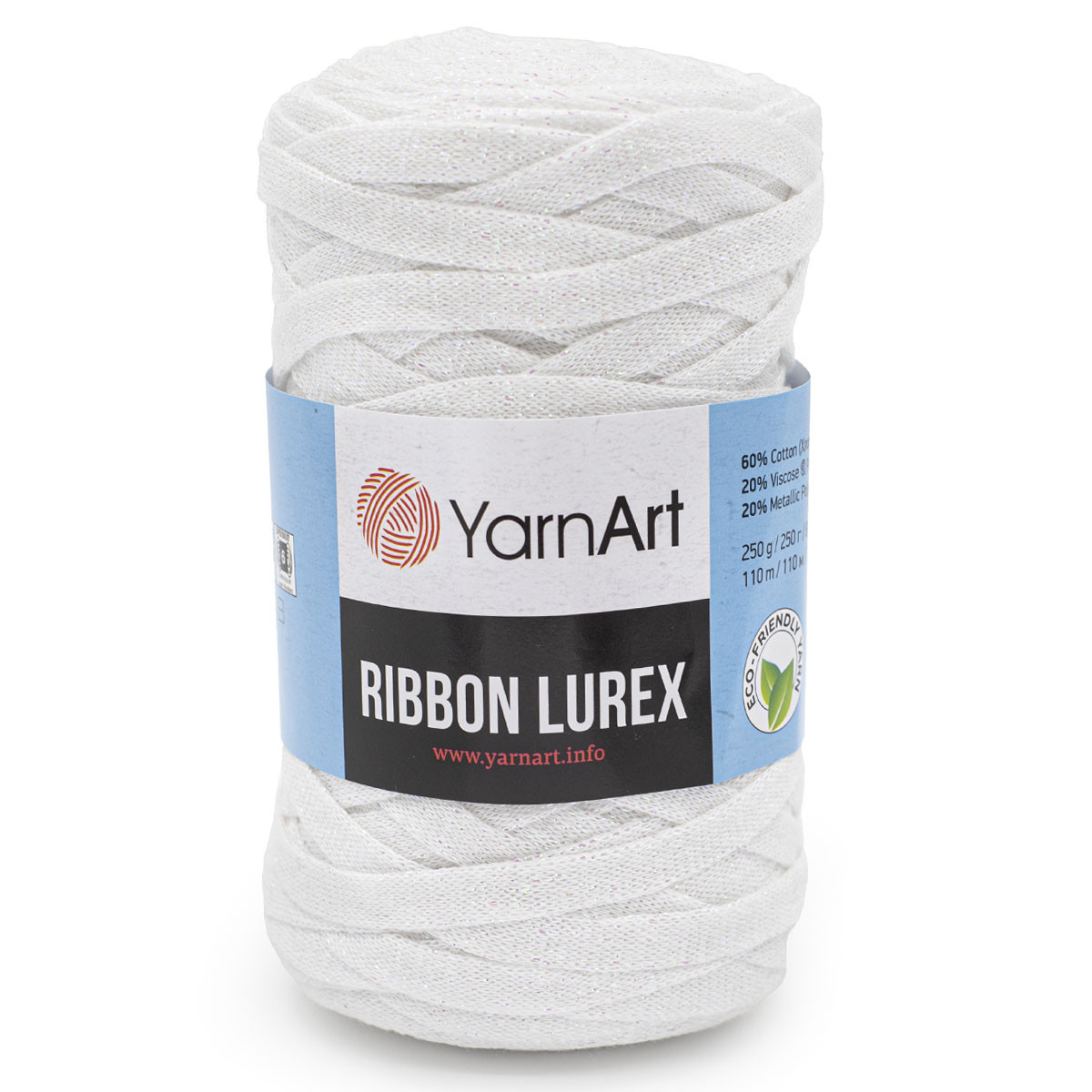 Пряжа YarnArt 'Ribbon Lurex' 250гр 110м (60% хлопок, 20% вискоза, полиэстер, 20% металлик) (721 белый) - фото 1 - id-p199378228