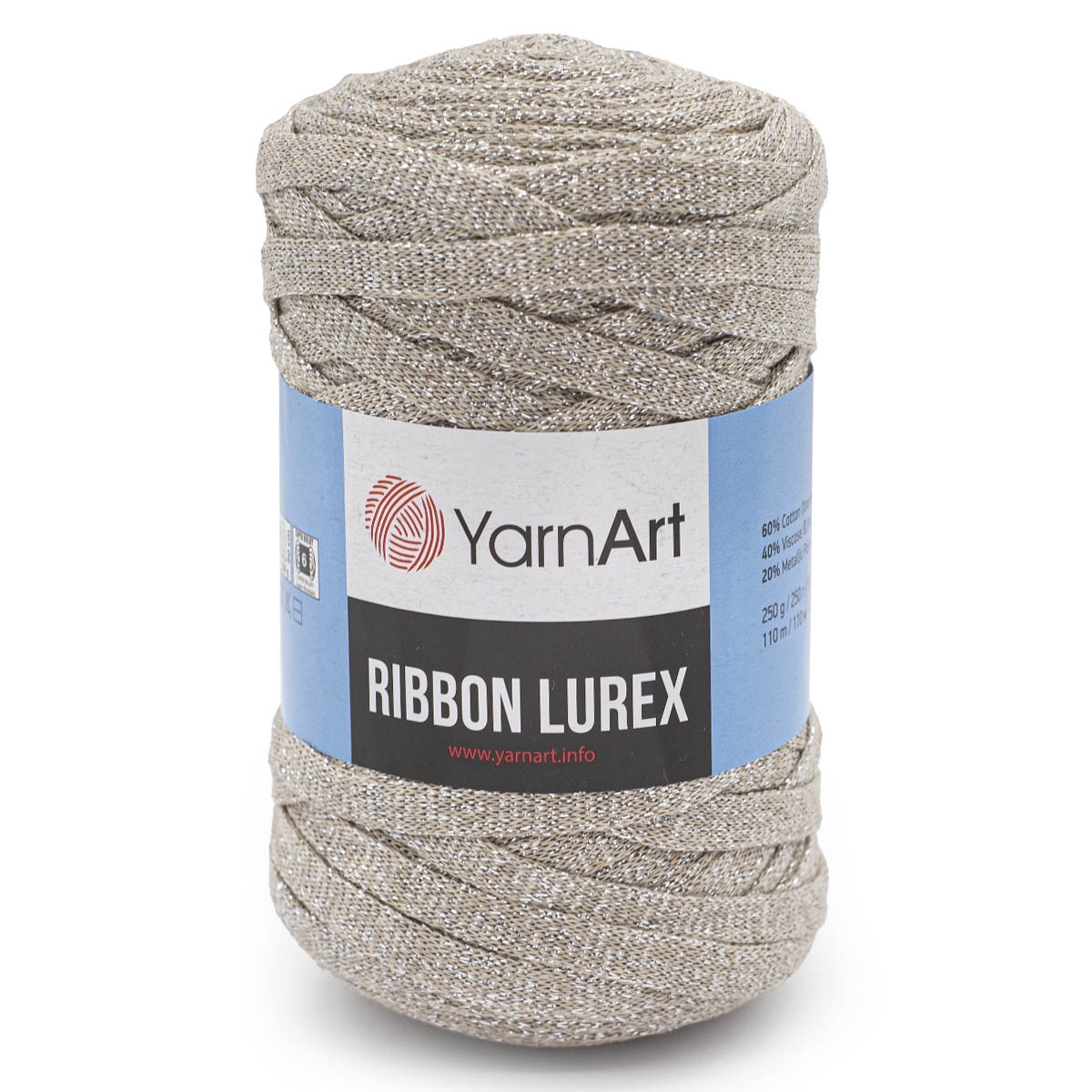 Пряжа YarnArt 'Ribbon Lurex' 250гр 110м (60% хлопок, 20% вискоза, полиэстер, 20% металлик) (725 серо-бежевый) - фото 1 - id-p199378231