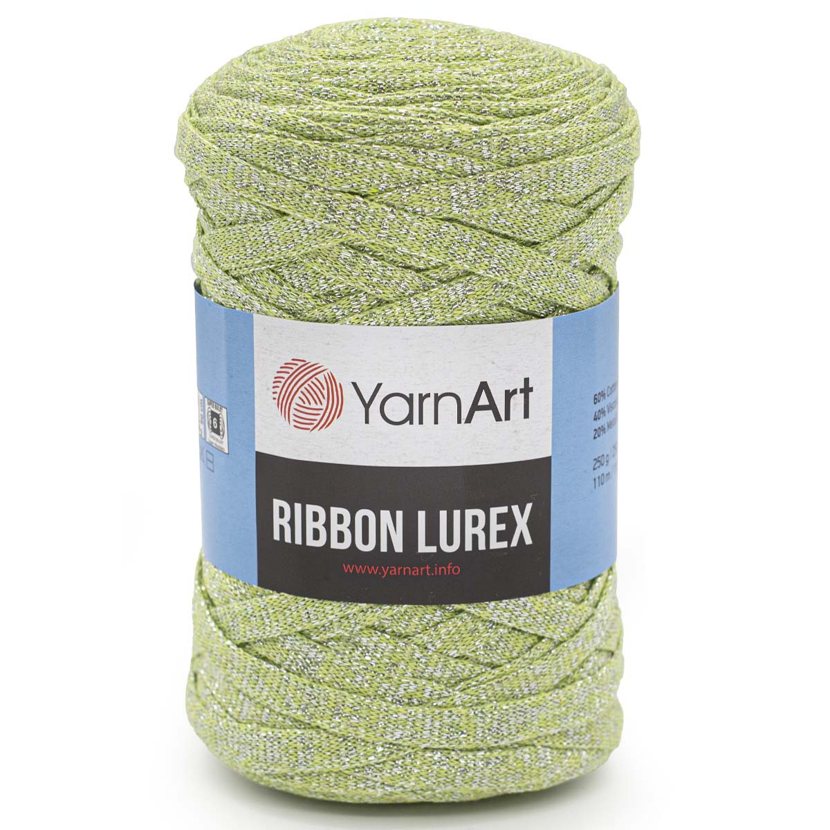Пряжа YarnArt 'Ribbon Lurex' 250гр 110м (60% хлопок, 20% вискоза, полиэстер, 20% металлик) (726 салатовый) - фото 1 - id-p199378232