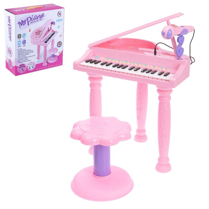 Пианино «Розовая мечта» с микрофоном и стульчиком, световые и звуковые эффекты - фото 1 - id-p199389131