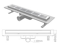 Сливной трап горизонтальный D 50, решетка нерж. с площадкой под плитку, 65х700мм квадрат, NOVA