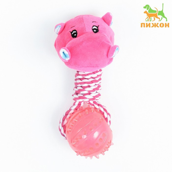 Игрушка для собак 3-в-1 "Бегемот": канатная, мягкая с пищалкой, мяч TPR, 20 см, розовая - фото 1 - id-p199400167