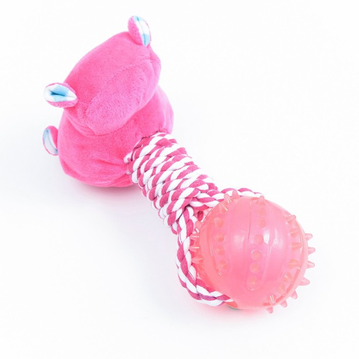 Игрушка для собак 3-в-1 "Бегемот": канатная, мягкая с пищалкой, мяч TPR, 20 см, розовая - фото 2 - id-p199400167