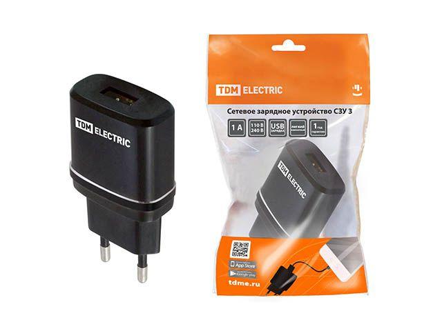 Сетевое зарядное устройство, СЗУ 3, 2,1 А, 1 USB, черный, TDM - фото 1 - id-p199388449