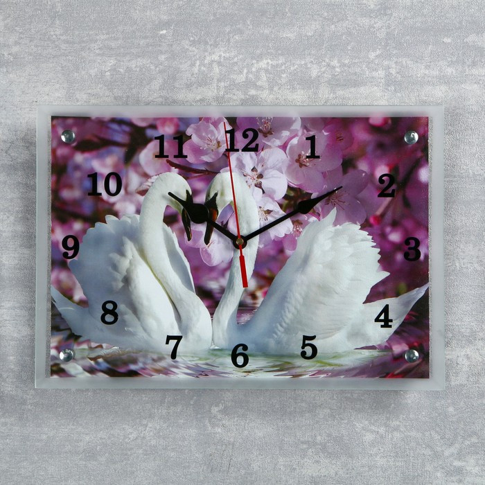 Часы-картина настенные, серия: Животный мир, "Два лебедя, сиреневые цветы", 25х35 см - фото 1 - id-p199417952