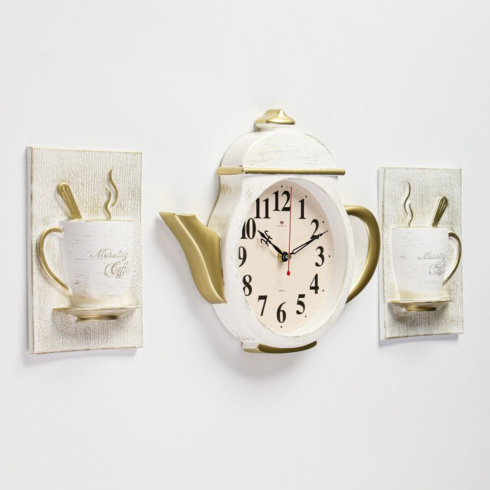 Часы настенные, серия: Кухня, "Чайник и две чашки", плавный ход, 29 х 34 см, белый с золотом - фото 2 - id-p199417038