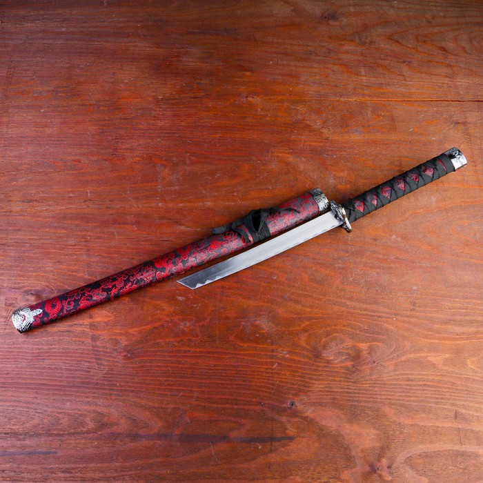 Сувенирное оружие «Катана на подставке», чёрные ножны с красным узором, 70см - фото 2 - id-p199416162