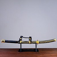 Сувенирное оружие «Катана на подставке», чёрные ножны, бежево коричневая обмотка, 78см