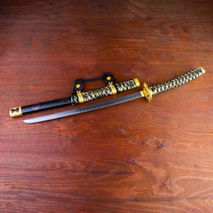 Сувенирное оружие «Катана на подставке», чёрные ножны, бежево коричневая обмотка, 78см - фото 2 - id-p199416201