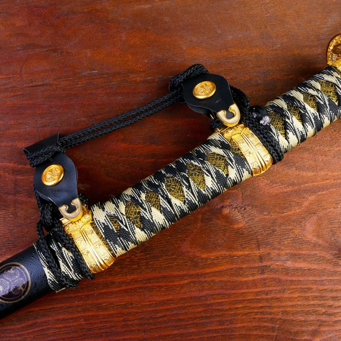 Сувенирное оружие «Катана на подставке», чёрные ножны, бежево коричневая обмотка, 78см - фото 5 - id-p199416201