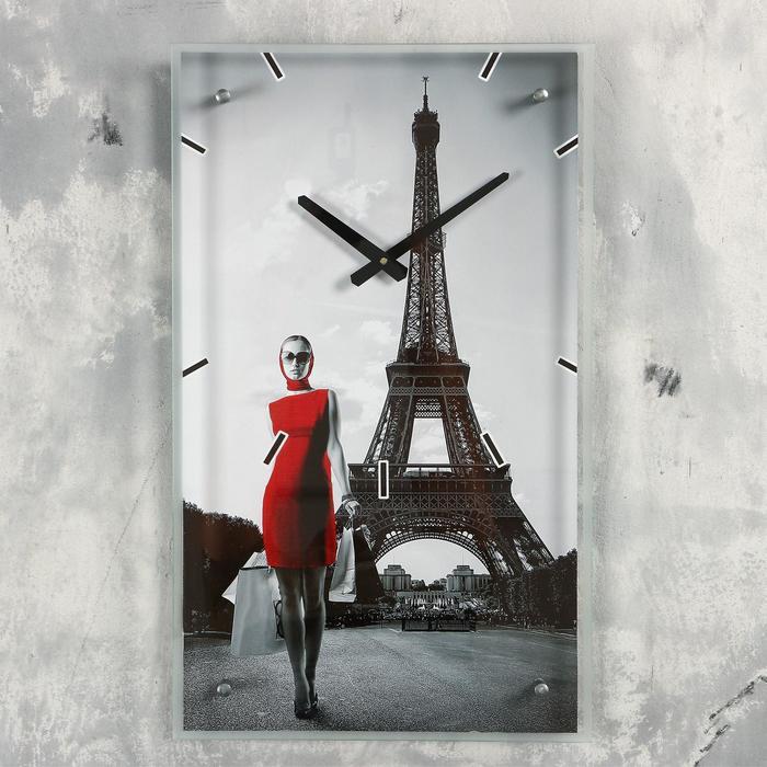 Часы-картина настенные, серия: Люди, "Девушка в красном платье в Париже", 35х60 см - фото 1 - id-p199418252