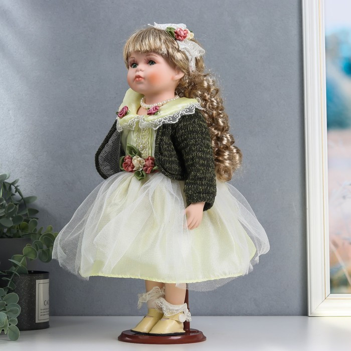 Кукла коллекционная керамика "Катенька в зеленоватом платье и зелёном кардигане" 40 см - фото 3 - id-p199411302