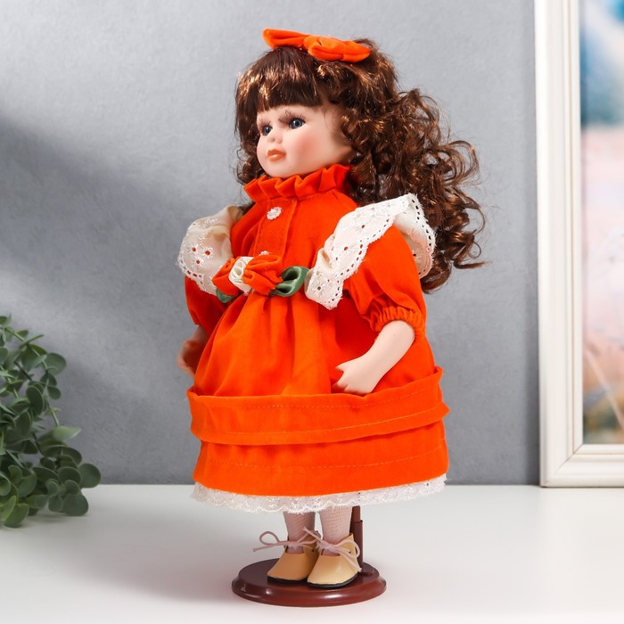Кукла коллекционная керамика "Агата в ярко-оранжевом платье и банте, с рюшами" 30 см - фото 4 - id-p199411309