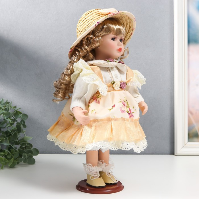 Кукла коллекционная керамика "Алиса в жёлтом платье с цветами, в соломенной шляпке" 30 см - фото 2 - id-p199411310