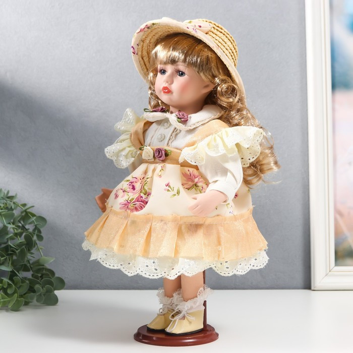 Кукла коллекционная керамика "Алиса в жёлтом платье с цветами, в соломенной шляпке" 30 см - фото 3 - id-p199411310