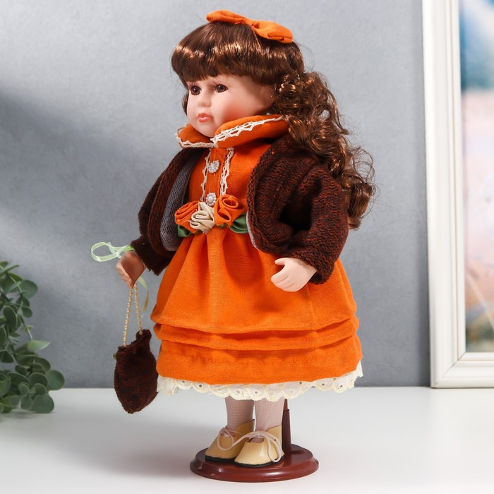 Кукла коллекционная керамика "Василиса в ярко-оранжевом платье, с рюшами, с сумочкой" 30 см 758616 - фото 3 - id-p199411315