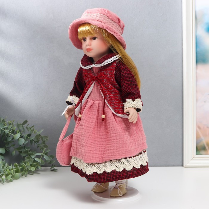 Кукла коллекционная керамика "Нина в розовом платье и бордовом жакете" 40 см - фото 3 - id-p199411316