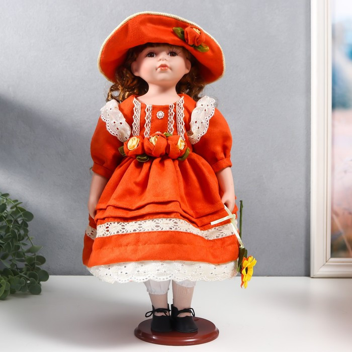 Кукла коллекционная керамика "Вера в ярко-оранжевом платье и шляпе с розами" 40 см - фото 1 - id-p199411343