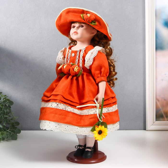 Кукла коллекционная керамика "Вера в ярко-оранжевом платье и шляпе с розами" 40 см - фото 3 - id-p199411343