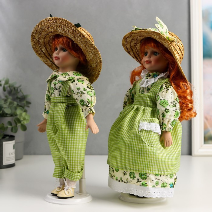 Кукла коллекционная парочка набор 2 шт "Таня и Ваня в ярко-зелёных нарядах в клетку" 30 см - фото 3 - id-p199411348