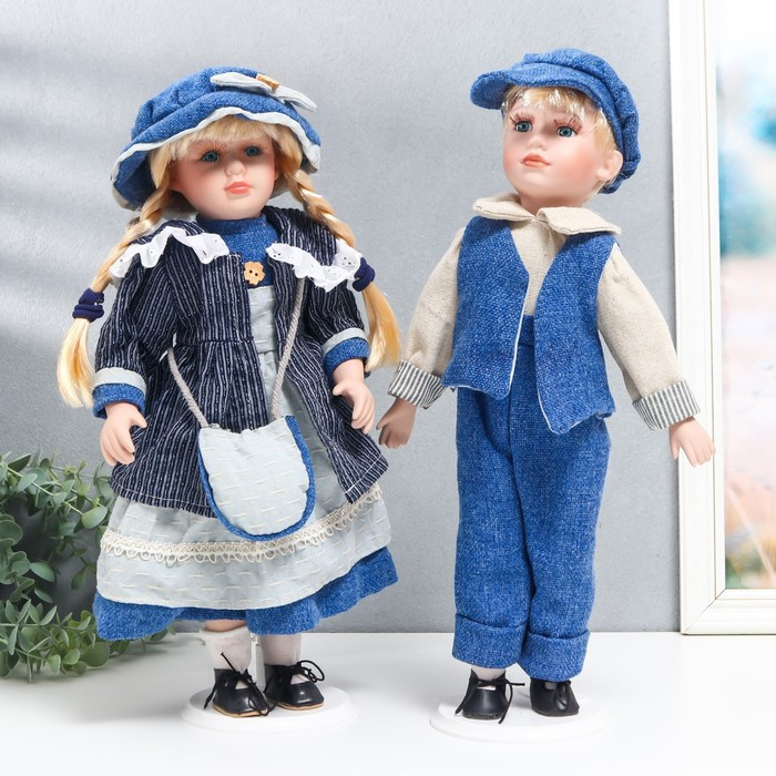 Кукла коллекционная парочка "Наташа и Саша, синий вельвет" набор 2 шт 40 см - фото 1 - id-p199411362