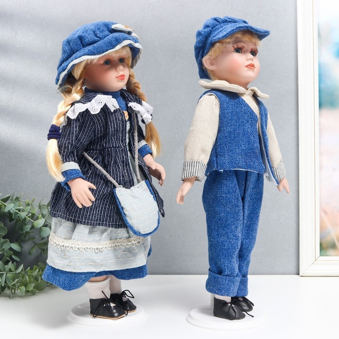 Кукла коллекционная парочка "Наташа и Саша, синий вельвет" набор 2 шт 40 см - фото 2 - id-p199411362