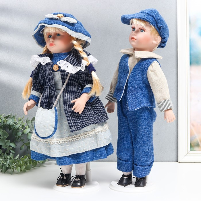 Кукла коллекционная парочка "Наташа и Саша, синий вельвет" набор 2 шт 40 см - фото 3 - id-p199411362