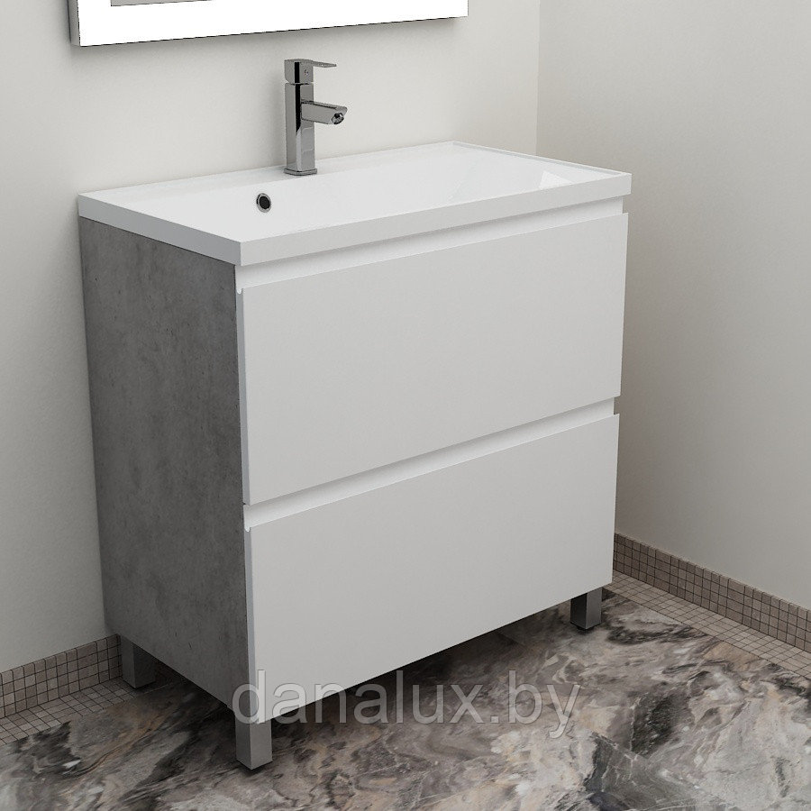 Тумба Дана Каскад 65 напольная на 2 ящика (цвет бетон чикаго/белый) с умывальником Madera Milen 65