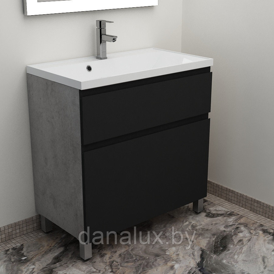 Тумба Дана Каскад 40 напольная на 2 ящика с корзиной (цвет бетон чикаго/черный) с умывальником Alice 40