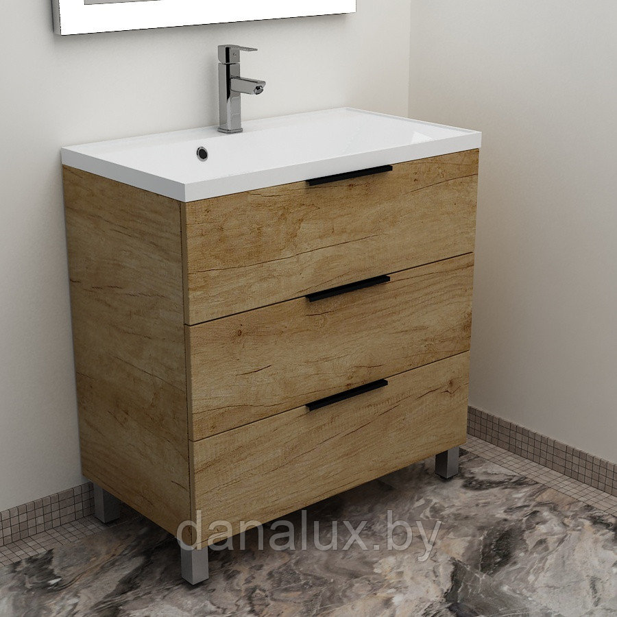 Тумба Дана Каскад 65 напольная на 3 ящика (цвет дуб) с умывальником Madera Milen 65 (650х446х110)