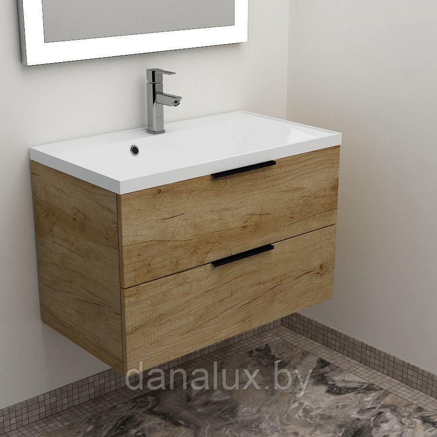Тумба Дана Каскад 65 подвесная на 2 ящика (цвет дуб) с умывальником Madera Milen 65 (650х446х110)