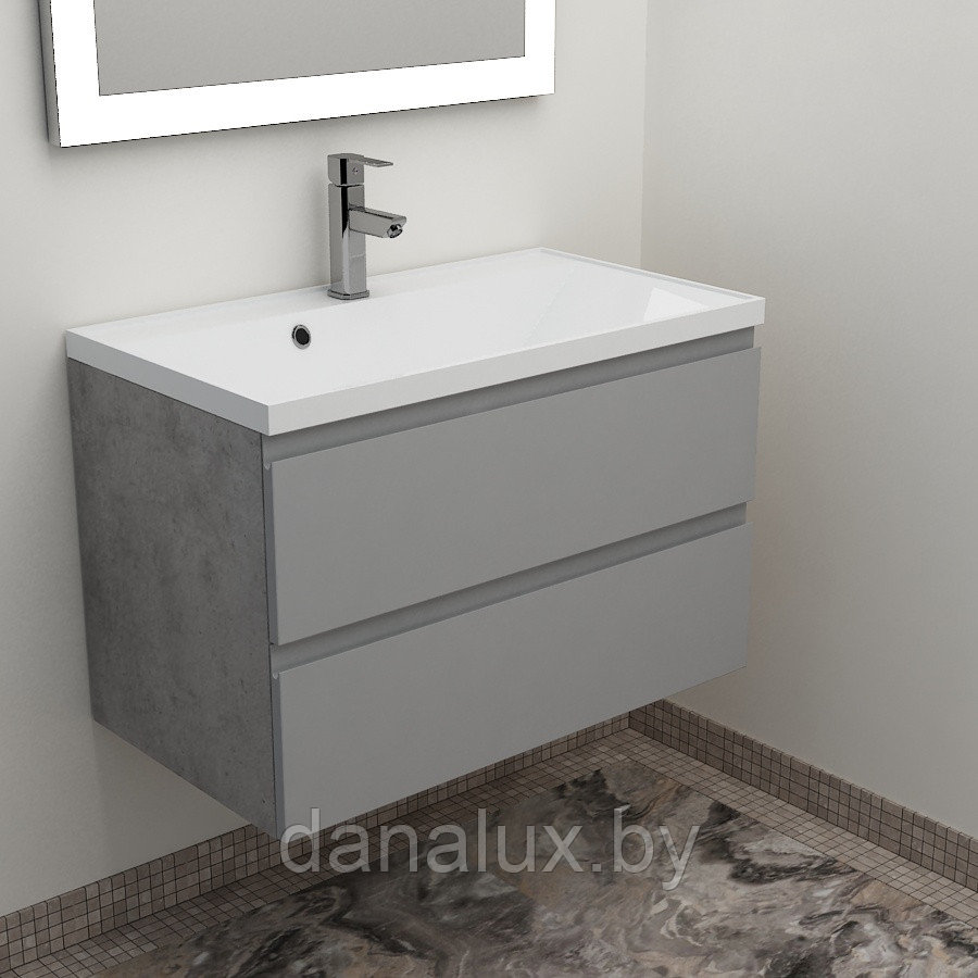 Тумба Дана Каскад 65 подвесная на 2 ящика (цвет бетон чикаго/оникс серый) с умывальником Madera Milen 65