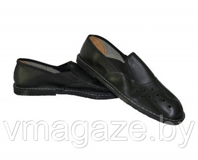 Тапочки (чувяки) кожаные с перфорацией на подошве из пористой резины(цвет черный) - фото 1 - id-p199524331