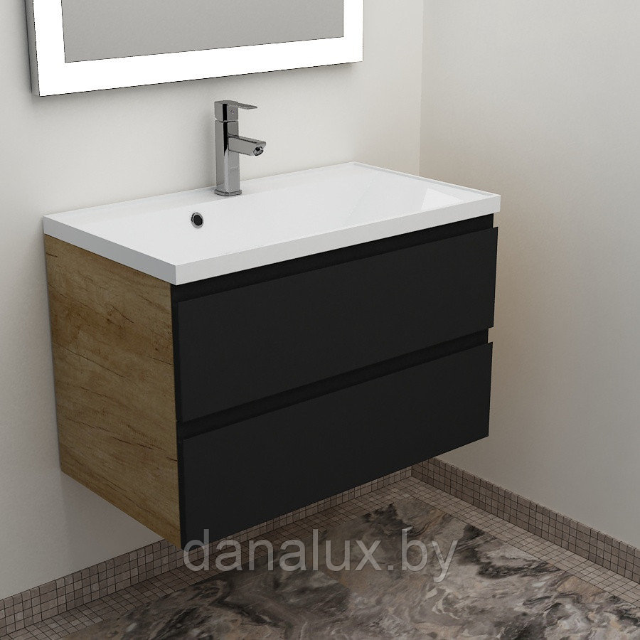 Тумба Дана Каскад 40 подвесная на 2 ящика (цвет дуб/черный) с умывальником Alice 40 (400х351х95)