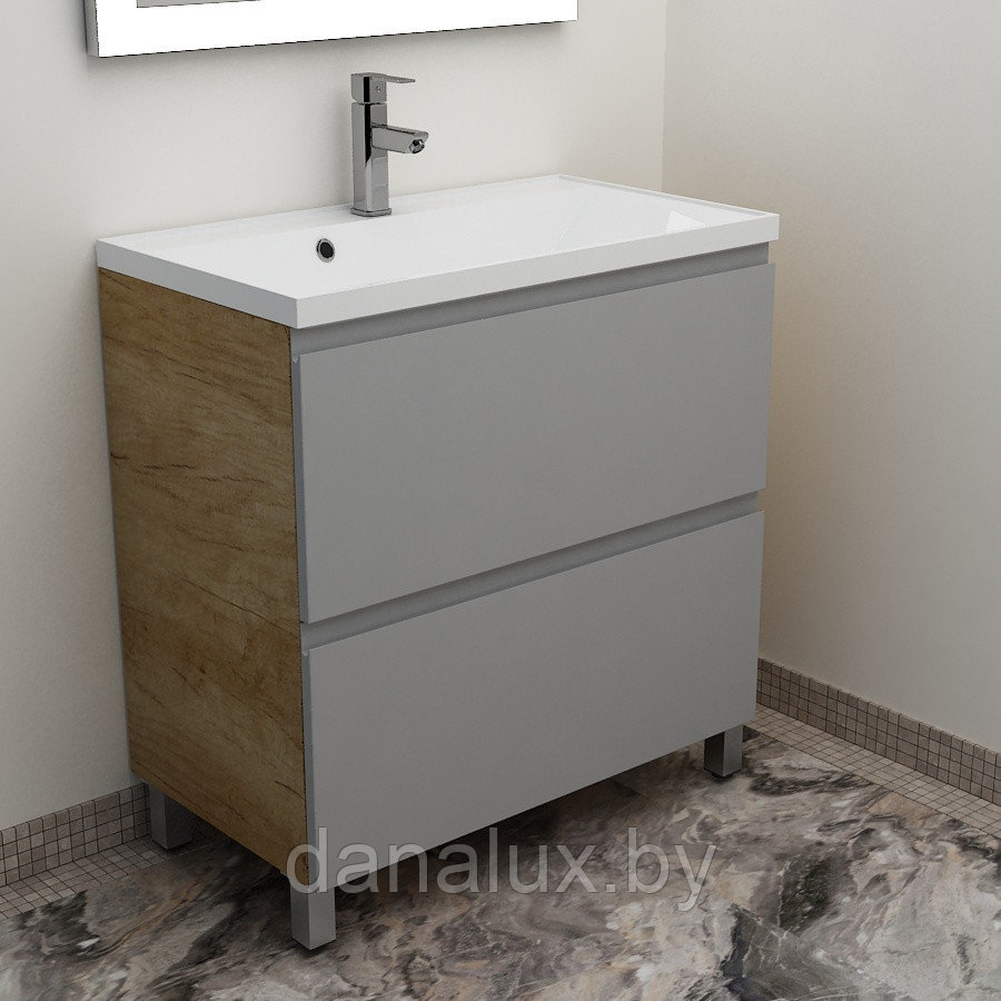 Тумба Дана Каскад 40 напольная на 2 ящика (цвет дуб/оникс серый) с умывальником Alice 40 (400х351х95)