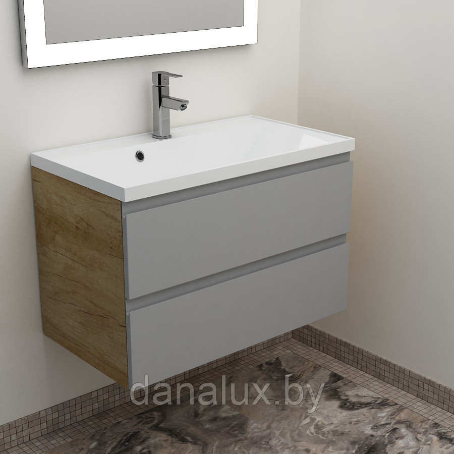Тумба Дана Каскад 65 подвесная на 2 ящика (цвет дуб/оникс серый) с умывальником Madera Milen 65 (650х446х110), фото 1