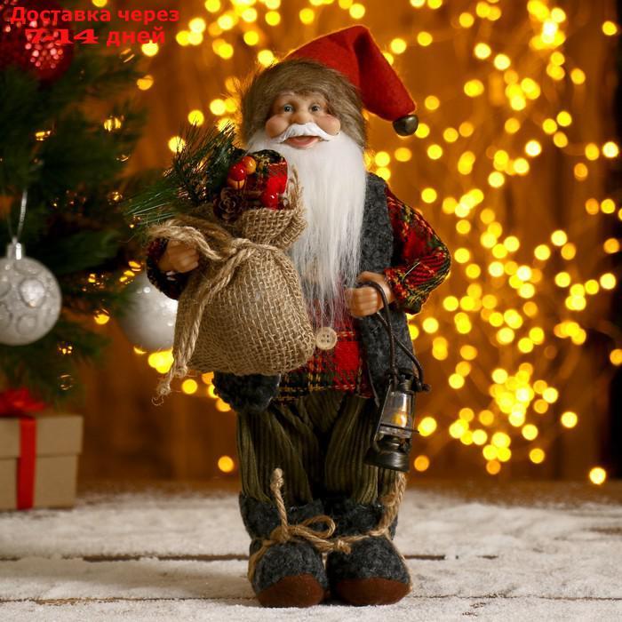 Дед Мороз в клетчатой шубке с фонариком и мешком 30 см - фото 1 - id-p199387156