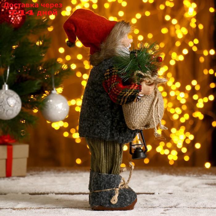 Дед Мороз в клетчатой шубке с фонариком и мешком 30 см - фото 2 - id-p199387156
