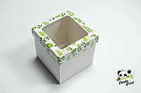 Коробка с прозрачным окном 150х150х150 Зеленые листья (белое дно)