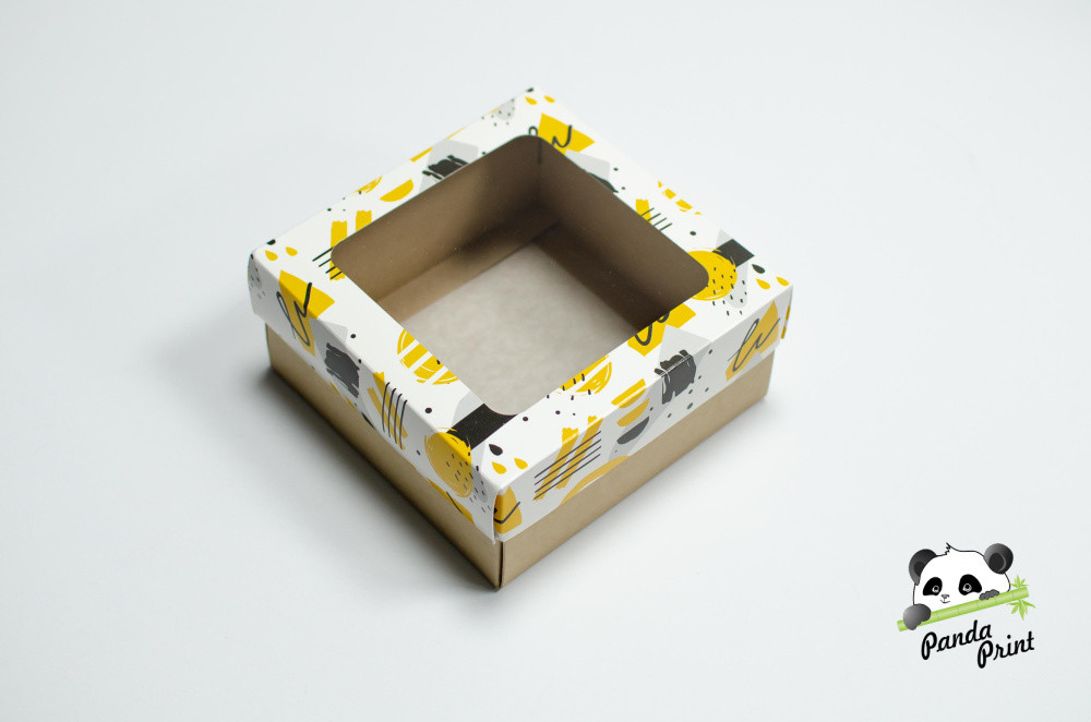 Коробка с прозрачным окном 150х150х70 Желто-черная (крафт дно)