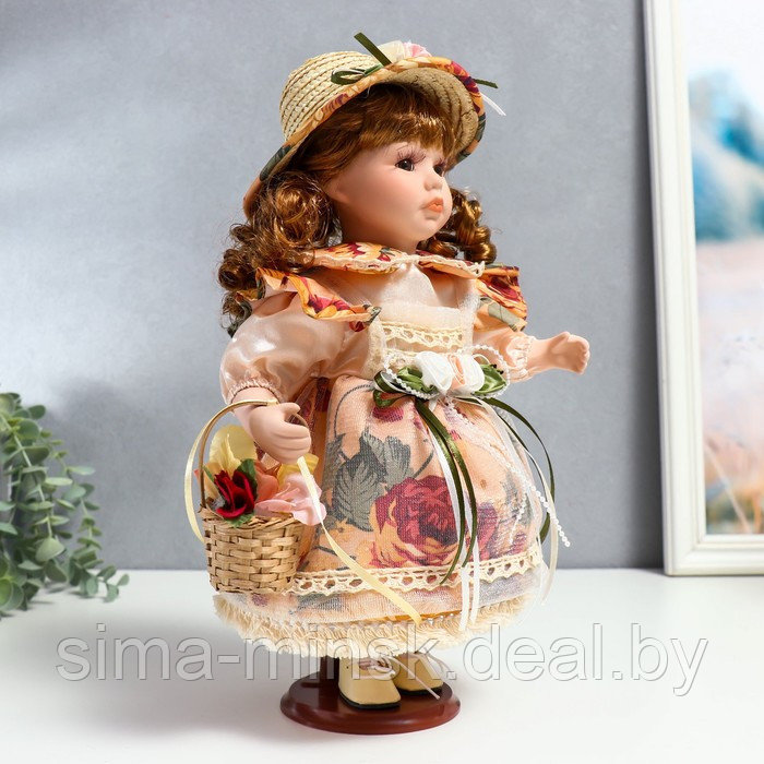 Кукла коллекционная керамика "Клара в платье с розами, шляпке и с корзинкой" 30 см - фото 2 - id-p199558484